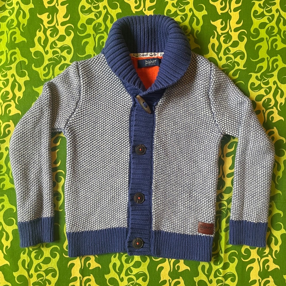 Baker by Ted Baker Shawl Neck Boys Button Front Cardigan in Blue knit Size 5 Y